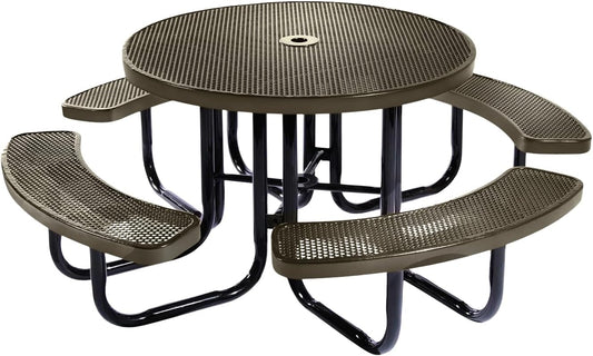 Heavy-Duty Portable Outdoor Picnic Table with Umbrella Hole, Punched Steel Commercial-Grade Patio Dining Furniture Made in America (46" Round Top, Textured Gold Vein)