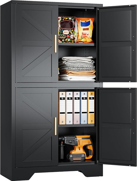 SISESOL Black Storage Cabinet with 4 Doors and 2 Adjustable Shelves,Farmhouse Food Pantry Cabinets,Small Bathroom Cabinet,4 Tier Metal Storage Cabinets for Home Kitchen,Dining/Living/Laundry/Room