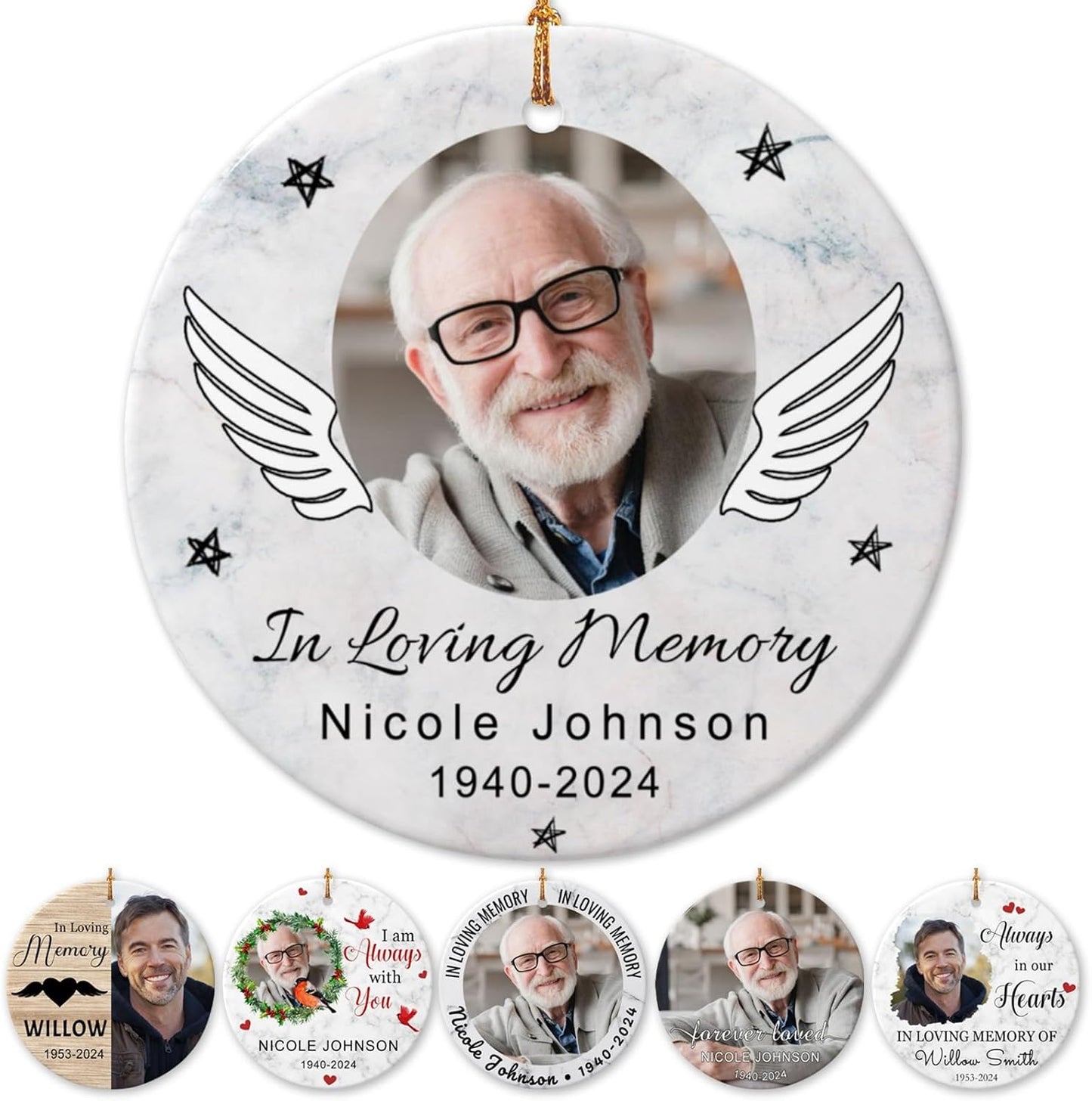 Personalized Memorial Christmas Ornaments 2025 w/Photo & Name, Custom Memorial Gifts for Lost Loved One,Double-Sided Ceramic Customized Xmas Ornaments for Christmas Tree
