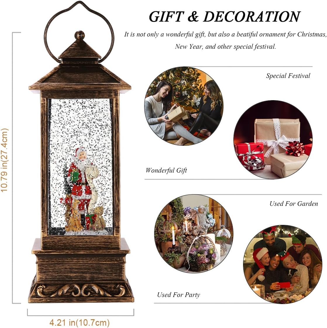 House & Garden Decoration,Christmas Lantern with 8 Pieces of Music,Sparkling Crystal Keep Circling Around The Snowman Families Music Box as a (Santa Claus)