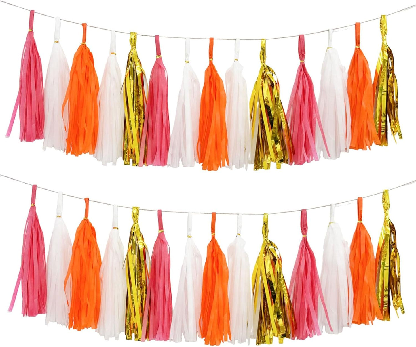 Shiny Tassel Garland Tissue Paper Tassel Banner,Tassels Decorations for Summer Luau Flamingo Girl,Wedding,Pumpkin Birthday Party,Bridal/Baby Shower,Pack of 20 (Hot Pink/Orange/Gold/White)