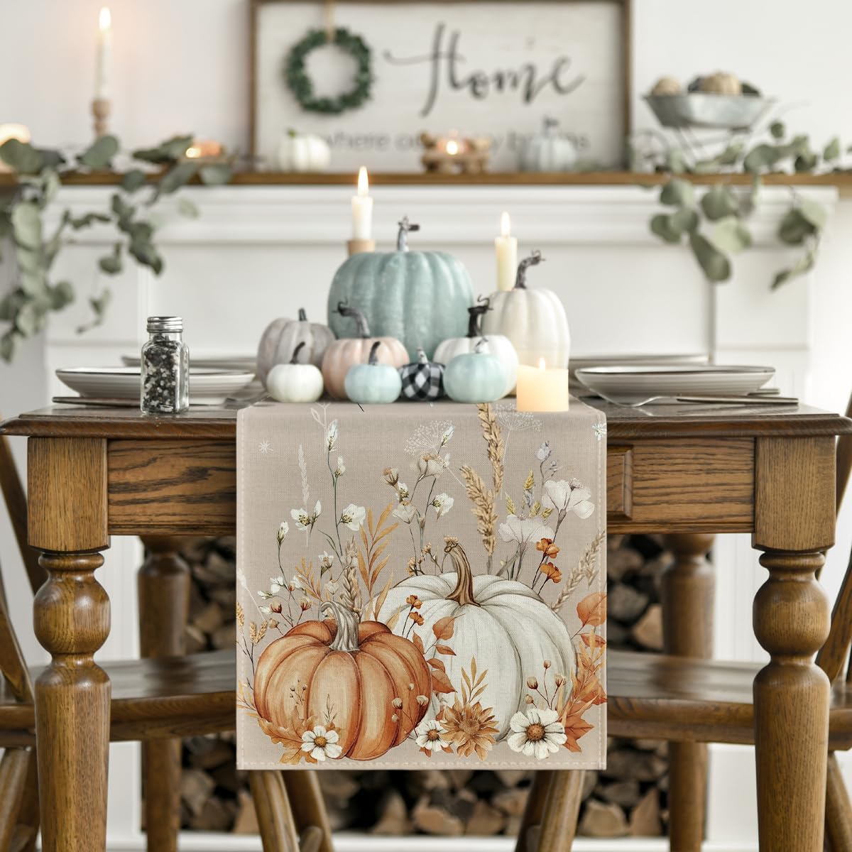 Artoid Mode Pumpkins Leaves Flowers 210 GSM Fall Table Runner, Seasonal Autumn Kitchen Dining Table Decoration for Home Party Decor 13x72 Inch