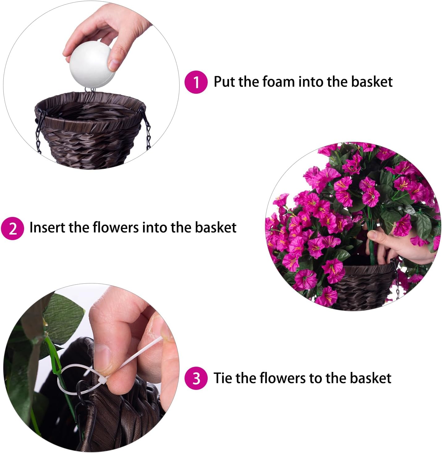 Artificial Fake Hanging Flowers Plants Baskets for Outdoor Outside Decoration, Faux Silk UV Resistant Realistic Fuchsia Morning Glory Planter for Home Porch Patio Balcony Garden Yard