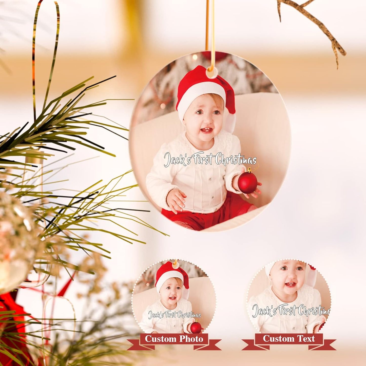 Personalized Christmas Ornaments 4 Pack - Custom Picture & Text Ornaments for Christmas 2022, Customized Ceramic Xmas Tree Decor for Kids, Mom, Dad, Friends, Loves, Pet, Dog, Cat by Bemaystar