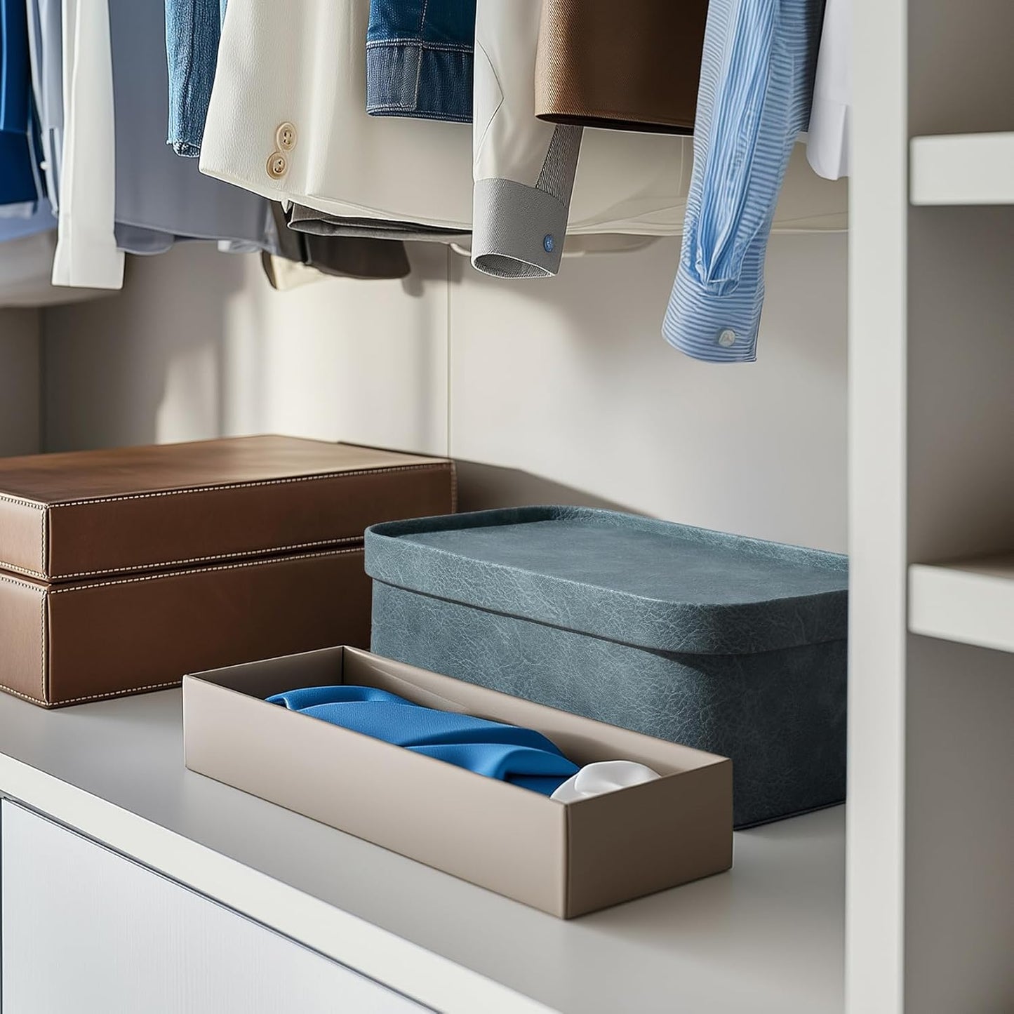 La Jolie Maison Vegan Leather Storage Boxes with Lids, Set of 3 Decorative Storage Containers Organize Stackable Storage Box, Dusty Blue