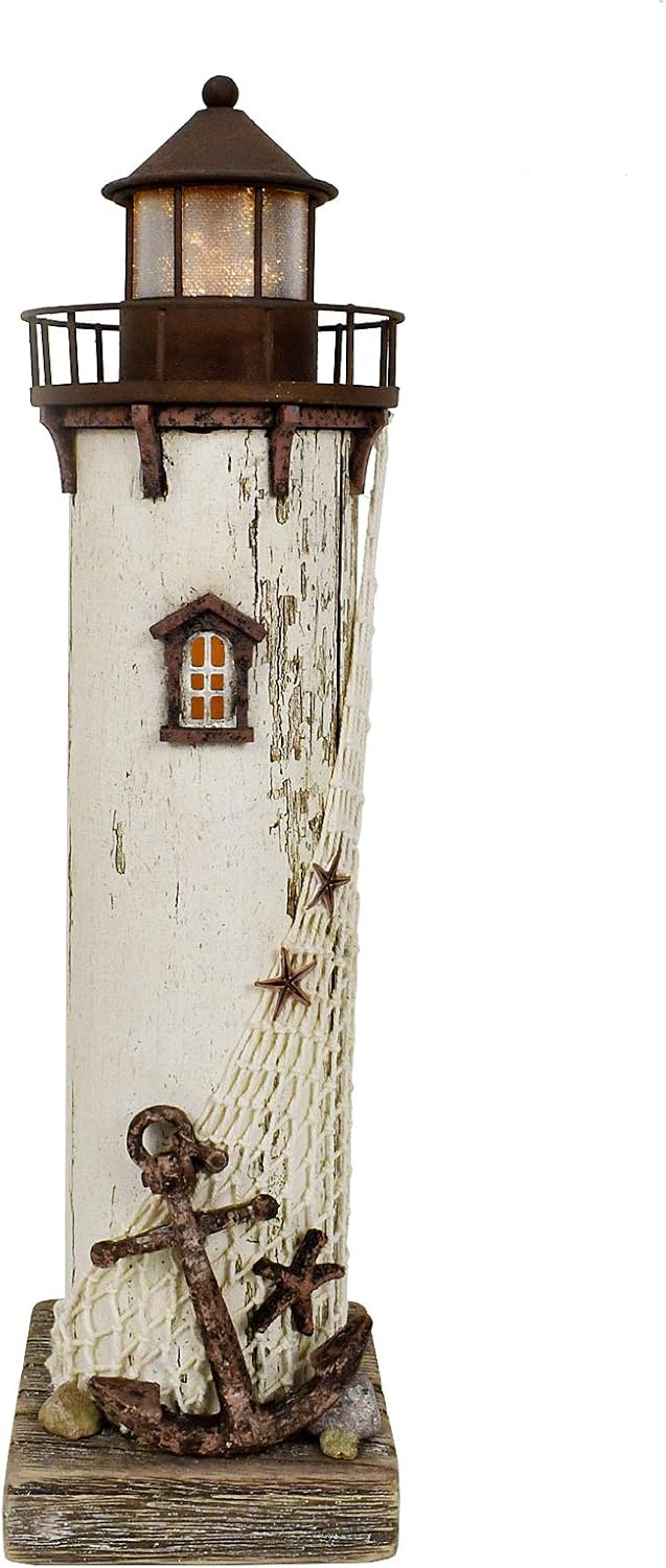 Linfevisi Wood Lighthouse Decor Rustic LED Light House Decor Wooden Decorative Nautical Lighthouse Statue Coastal Beach Themed Lighthouse Handcrafted Tabletop Decoration Home Bathroom (14.75")