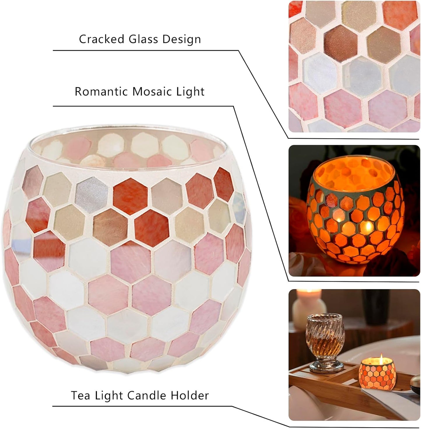 Votive Candle Holder Tea Lights - Glass Candle Holders, Mosaic Tealight Candle Holder, Candle Jar Cup for Wedding Centerpiece Party Table Decorations, Valentines Day Decor