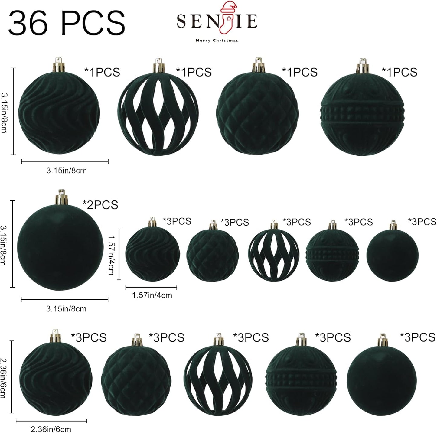 Senjie 2025 Velvet Christmas Ball Ornaments Sets 36pcs Flocked Christmas Ornaments Assortment Decor for Xmas Deep Green