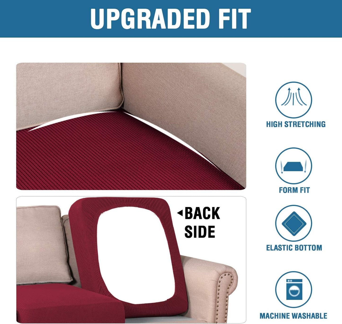 H.VERSAILTEX Super Stretch Individual Seat Cushion Covers Sofa Covers Couch Cushion Covers Slipcover Sets Thick Jacquard Textured Twill Fabric (2 Piece Medium Sofa Cushion Covers, Burgundy Red)