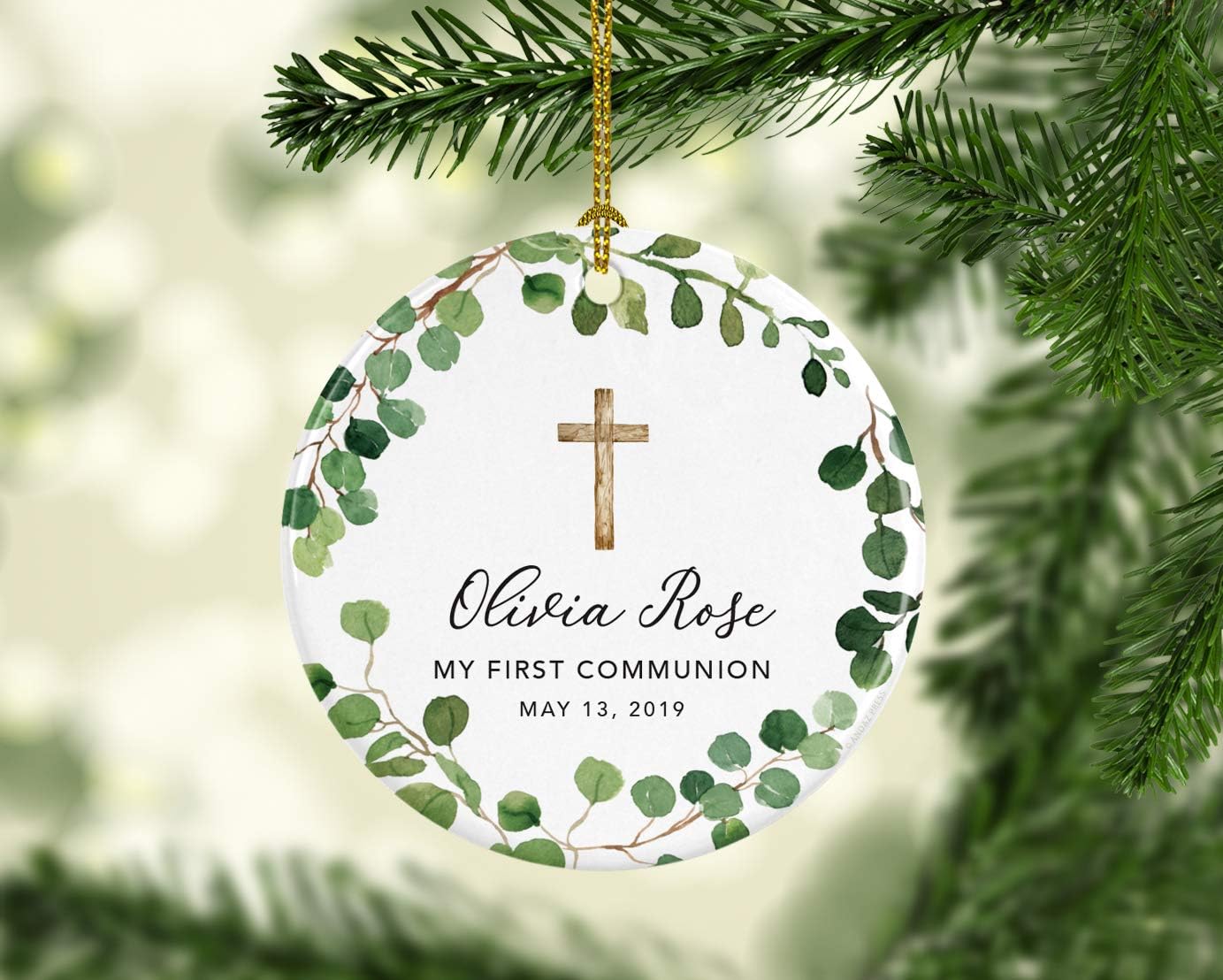 Andaz Press Personalized First Communion Ornament for Girls Boys, Round Ceramic Porcelain First Communion Christmas Ornament, Custom Name Date, My First Communion 2025, Farmhouse Eucalyptus Wreath