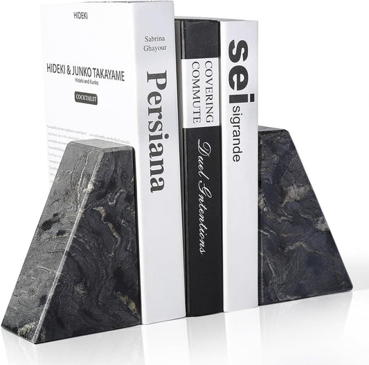 Marble Bookends for Heavy Books, Decorative Book Ends for Shelves, Titanium Black Stone Durable and Heavy-Duty Book Ends for Hardback Books & CDS, Unique Book Stopper & Holder, Set of 2