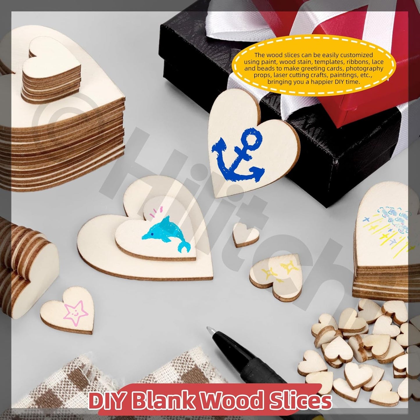 Hilitchi 300Pcs 5Sizes Unfinished Wooden Hearts Wood Hearts Craft Unfinished Wooden Hearts Ornanents Wooden Hearts Shape Blank Wood Ornaments Cutout Blank Wood for DIY Art Crafts Home Decorations