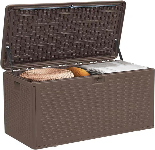 73 Gallon Large Storage Box with Lid,Waterproof Outdoor Storage Container for Patio Furniture Cushions, Gardening Tools, Pool Accessories, Lockable Resin Deck Box with handle Brown