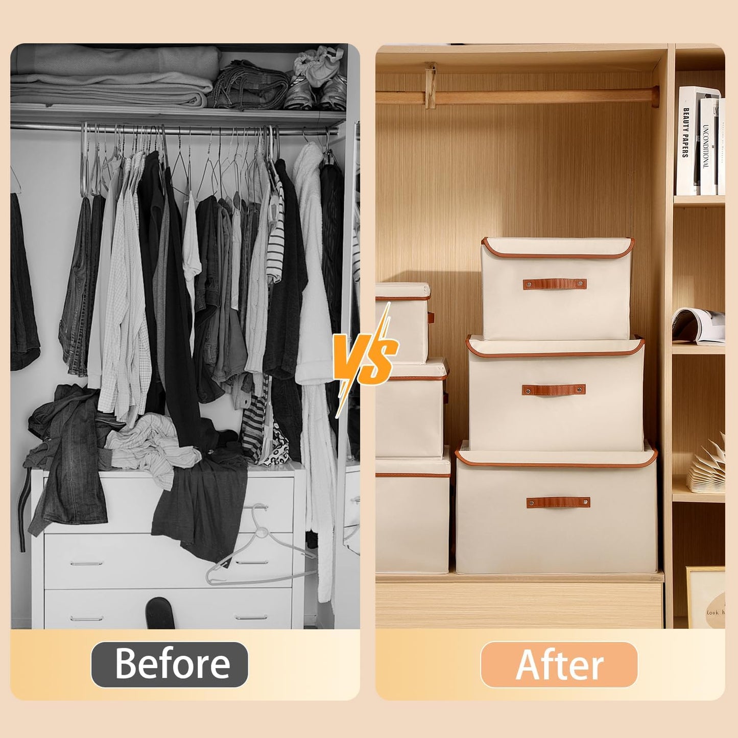 Tuza 2-Pack Large Fabric Storage Bins with Lids, Foldable Storage Boxes with Lids for Organizing, Decorative Storage Boxes with Handles for Home, Bedroom, Closet, Office(Khaki, Large)