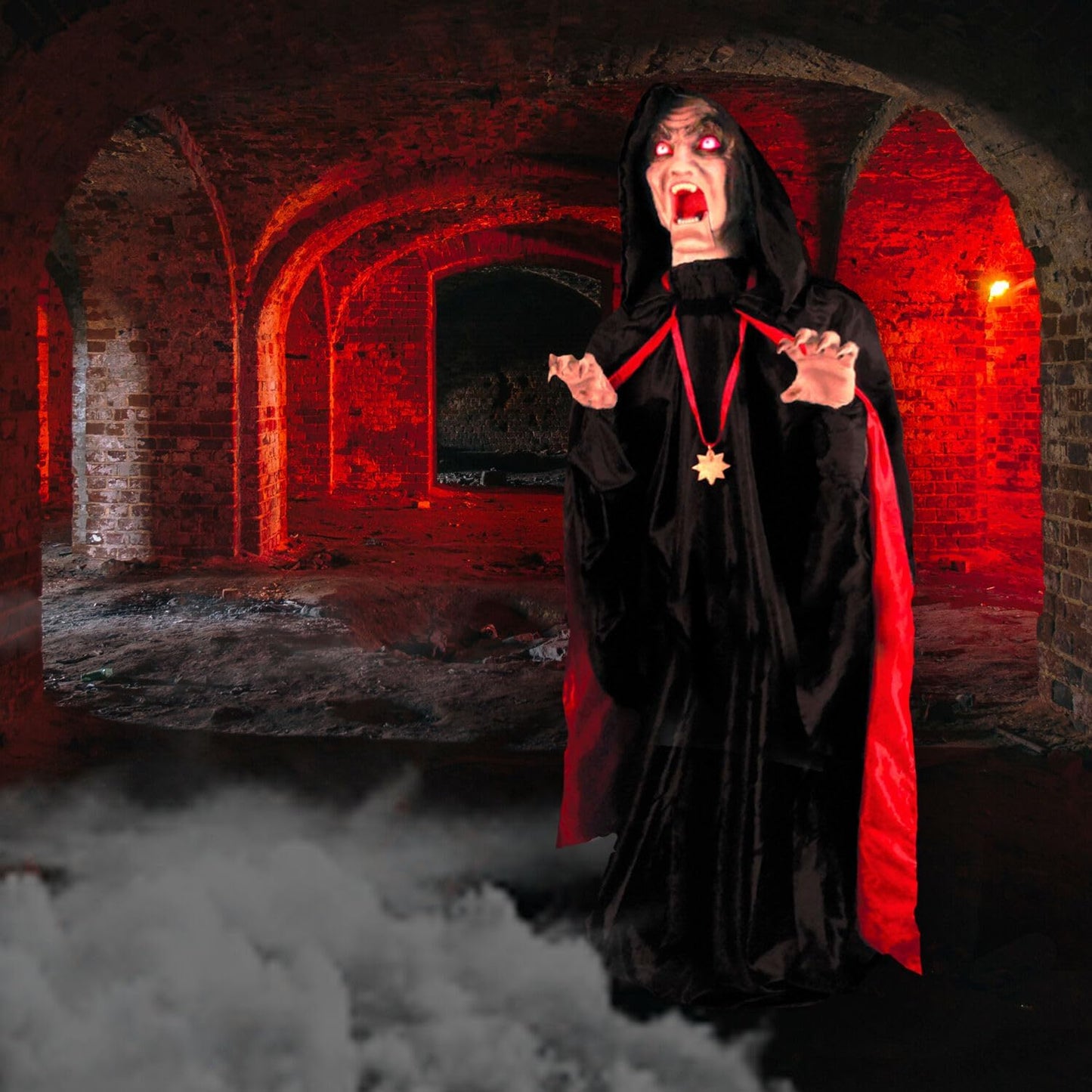 Haunted Hill Farm Motion-Activated Lurching Vampire by Tekky, Lunging Halloween Animatronic for Indoor or Covered Outdoor Creepy Halloween Decorations, Plug-in or Battery Operated Halloween Prop