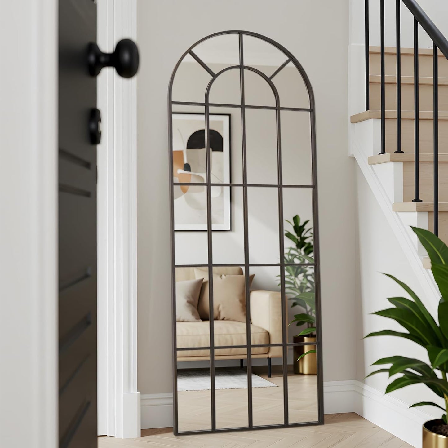 Arched Windowpane Mirror Full Length 71"x30" Wall Mounted Bronze Art Pane Farmhouse Decorative Floor Mirror Leaning Hanging Wall Mirror for Bedroom Living Room Entrance