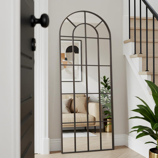 Arched Windowpane Mirror Full Length 71"x30" Wall Mounted Bronze Art Pane Farmhouse Decorative Floor Mirror Leaning Hanging Wall Mirror for Bedroom Living Room Entrance