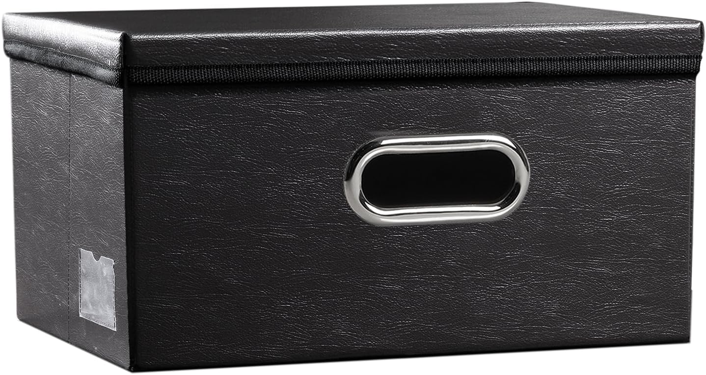 PRANDOM Collapsible Storage Box with Lid [1-Pack] Leather Fabric Foldable Storage Bin Organizer Container Basket Cube with Cover for Home Bedroom Closet Office Nursery Black (13.6x9.6x6.9)