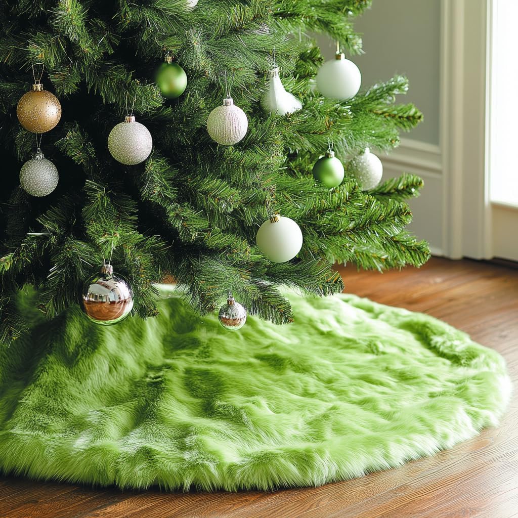 AISENO 48 Inch Green Christmas Tree Skirt Plush Decoration for Merry Christmas Party - Faux Fur Christmas Tree Skirt Decorations