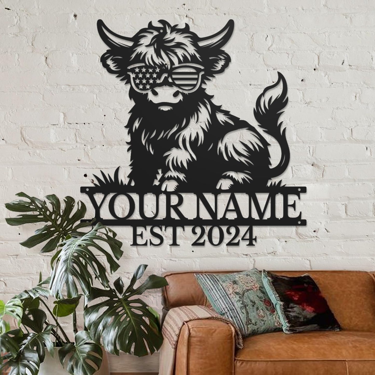 Personalized Highland Cow Name metal Signs,Custom Highland Cow Metal Shed Wall Decor,Black Metal Wall Art Plaques Outdoor wall Decorative Signage (Style C)
