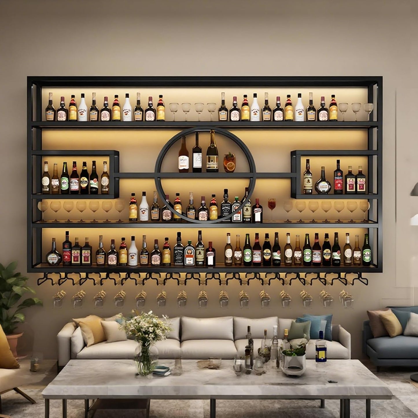 63in Wall Mounted Wine Rack, Modern Metal Wine Bottle and Glass Holder, Iron Display Stand Decorative Wine Rack, for Bar Living Room Dining Room Background (Black, 63 * 8 * 51INCHES)