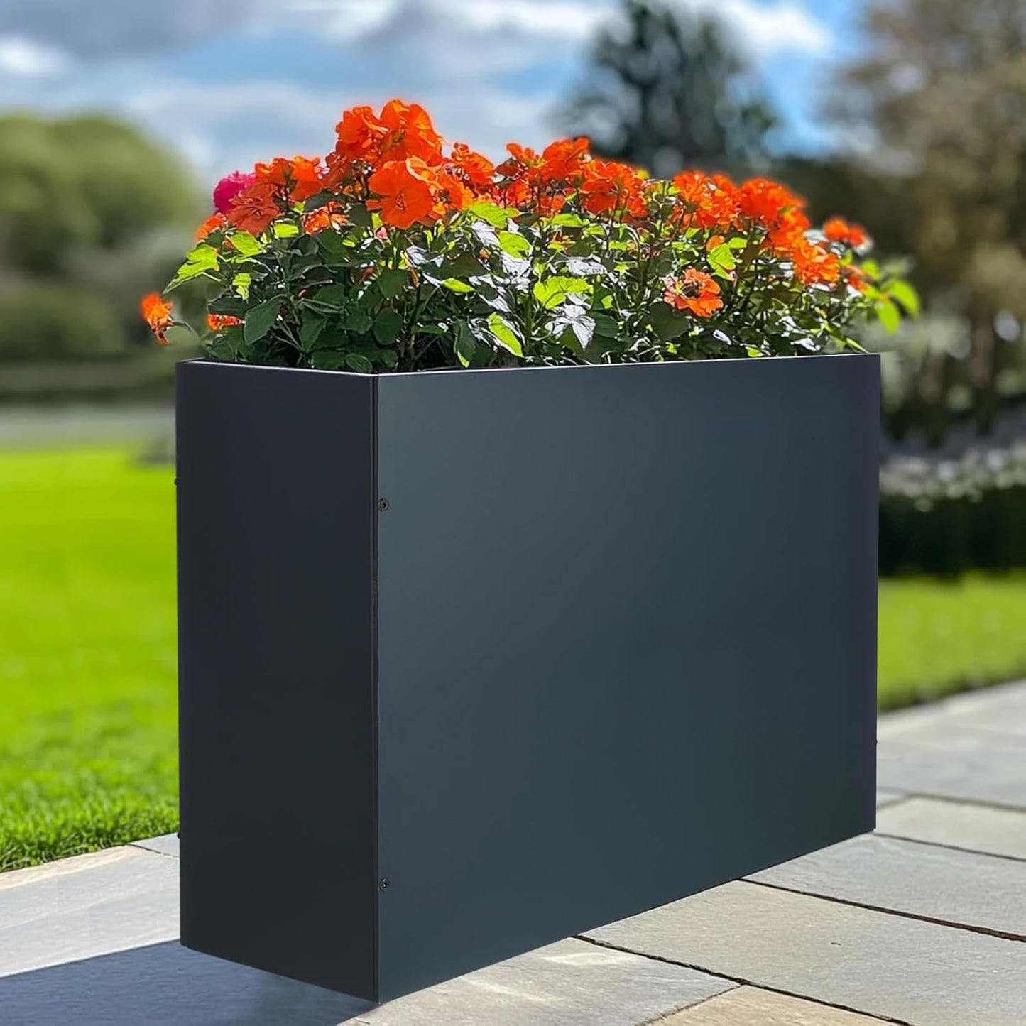 BAYN Metal Rectangular Planter Box Tall Planters for Outdoor Plants Modern Heavy Duty with Drainage Holes for Outside Indoor Patio Deck - Grey, 32”x 12”x 24”