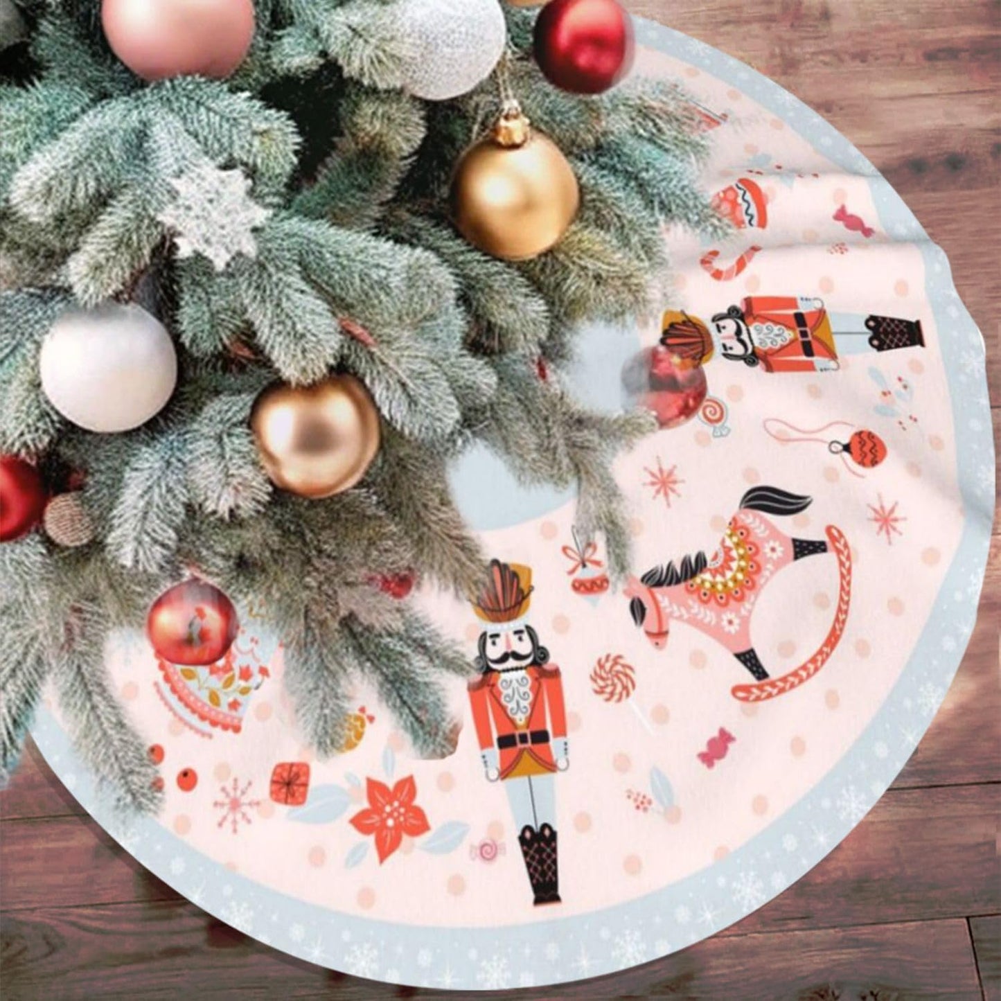 36" Large Christmas Tree Skirt, Nutcracker Candy Pattern Tree Mat Base Cover for Xmas Festive Holiday Party Decoration Ornaments