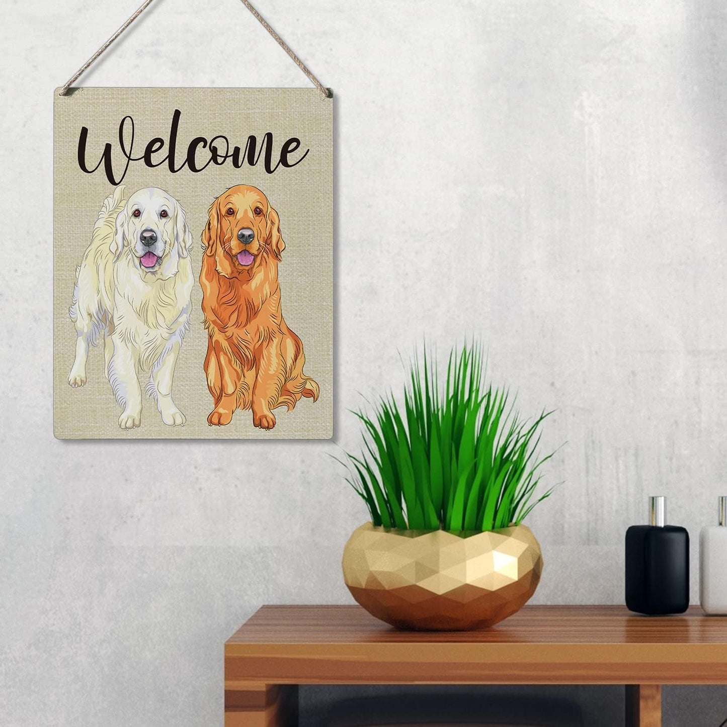 Qious Welcome Sign Gift Farmhouse Welcome Golden Retriever Wooden Hanging Sign Plaque Modern Wall Art Decor for Home Decoration 10 x 8 Inches