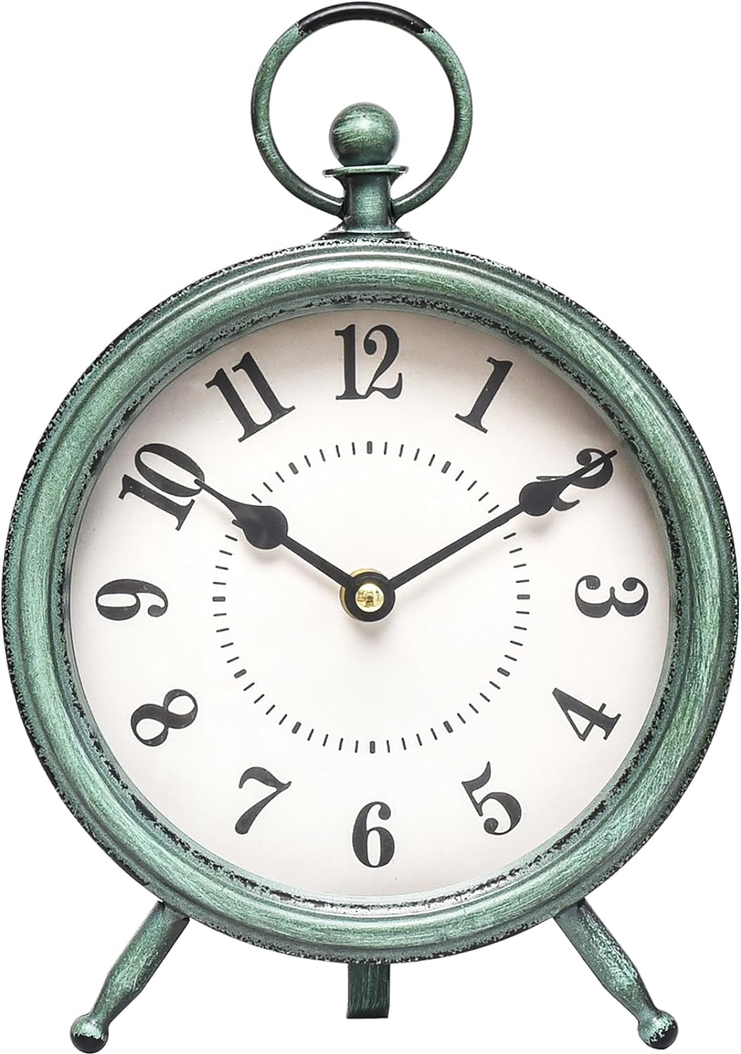 EMAX Home Vintage Green Rustic Retro Table Clock, Silent Non-Ticking, Battery Operated, 10.5"H, 7.28"W, Green Dial, Tabletop, Indoor, Kitchen
