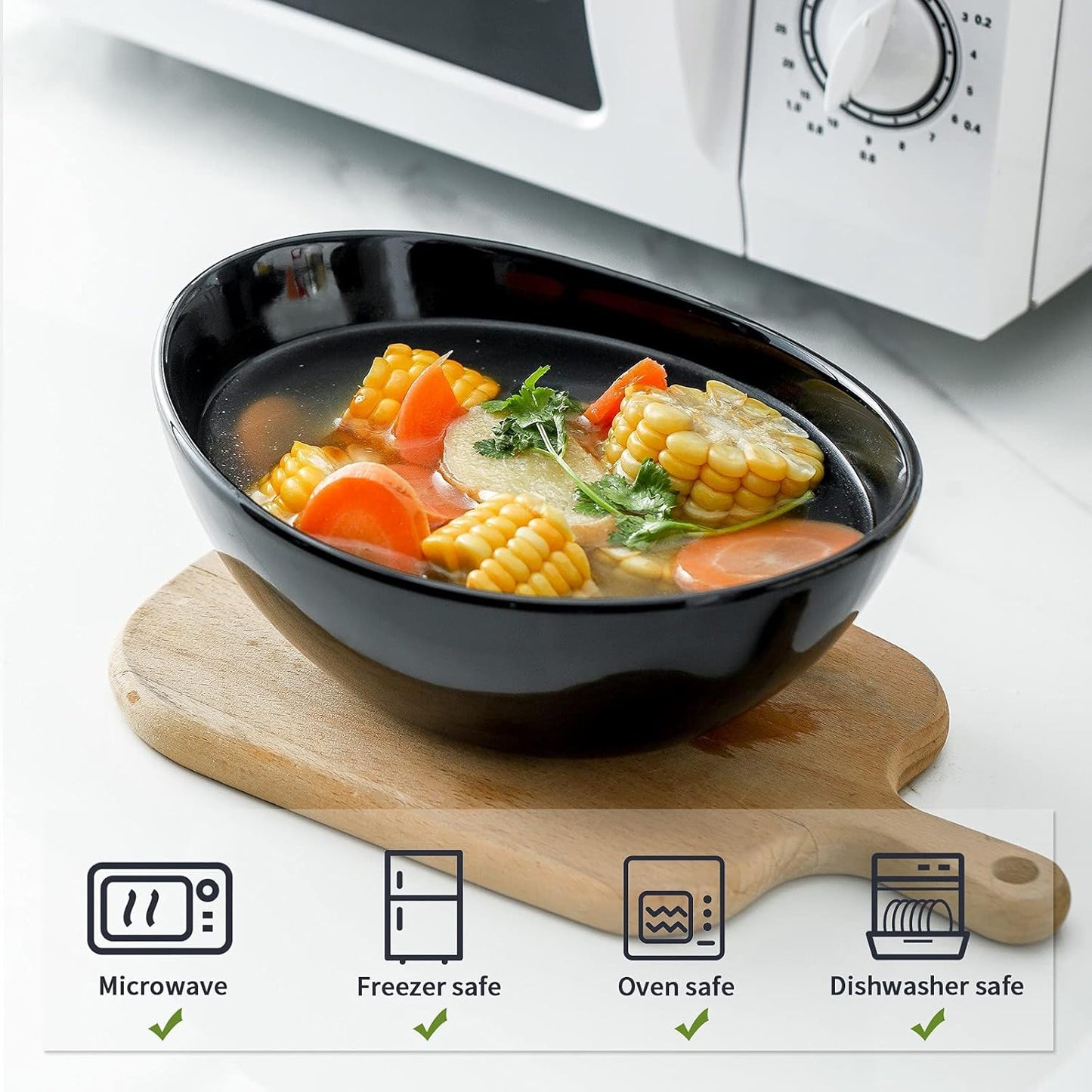 Hasense Serving Bowls, Porcelain Soup Bowls Set of 4, 36 OZ Black Serving Dishes for Entertaining, Perfect for Salad Side Dishes Pasta Popcorn, Dishwasher Microwave Safe