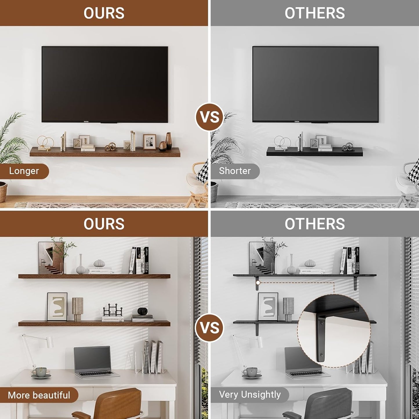 Heimlove 32 Inch Floating Shelves for Wall,Walnut 9.3" Deep Floating Shelf Set of 2,Wall Mounted Shelves for Bathroom Bedroom Living Room Kitchen Office,Shelf for Books Storage Room,Home Decor