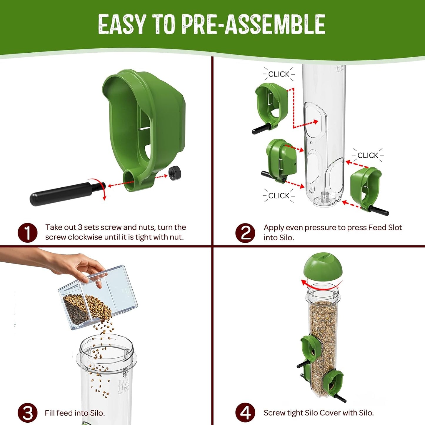 LONA Bird Feeders for Outdoors, Tube Feeder Weatherproof with Multiple Hanging Methods, Wild Bird Feeding Silo for Outside, 3 Port