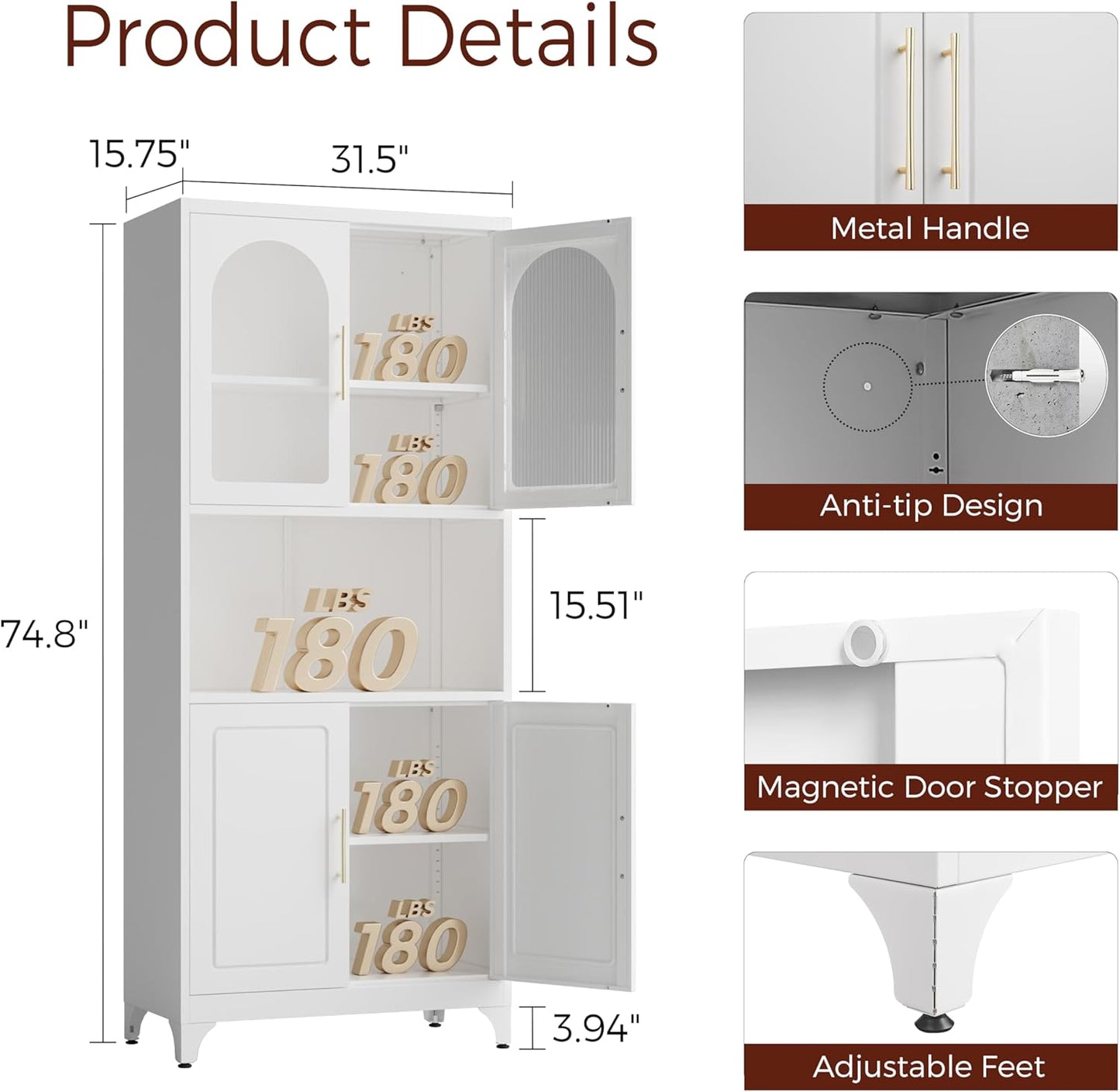 75" Tall Kitchen Pantry Cabinet, Metal Storage Cabinets with Acrylic Doors and Adjustable Shelves, Hutch Cabinet with Storage, White Microwave Stand Cabinets for Dining Living Room