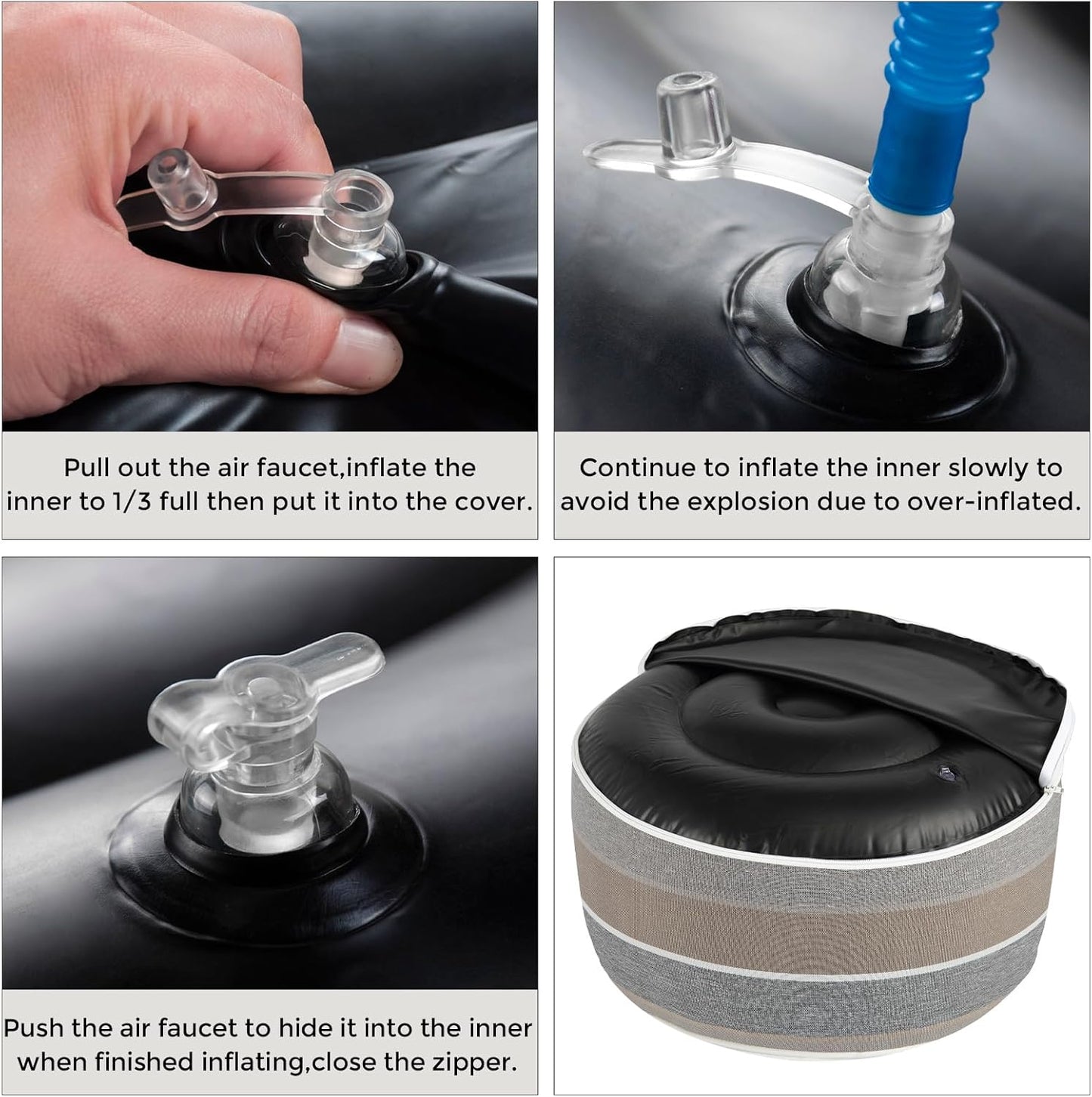 FUNHOME Inflatable Outdoor Ottoman with Air Pump,20"x9" Portable Patio Pouf,Water Resistant,Fade-Resistant,Round Blow Up Footrest Stools for Home Garden Camping Travel(Gray Stripe)