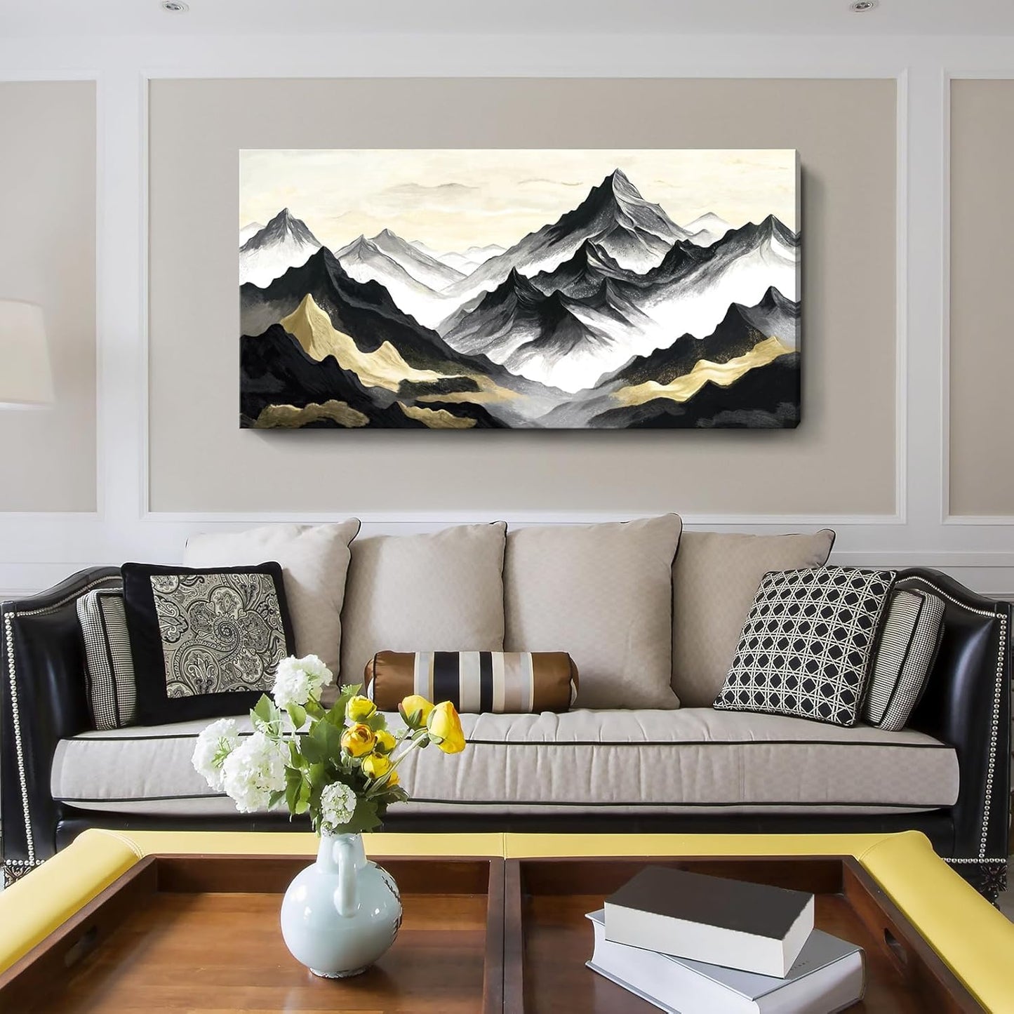 amatop Large Abstract Mountain Wall Art for Living Room Office Bedroom Modern Landscape Canvas Art Print Inspirational Artwork Horizontal Black Gold and White Nature Picture Wall Decor 48x24 Inch