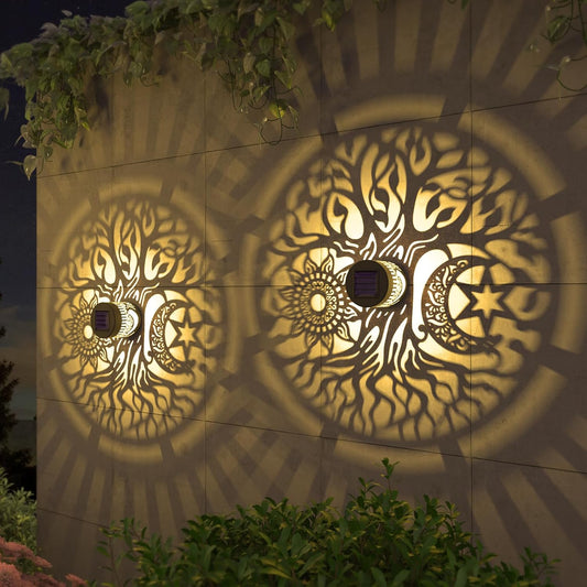 2 Pack Solar Fence Lights Metal Solar Powered Outdoor Wall Deck Step Lights Tree Theme Waterproof Fence Light for Garden Post Patio Backyard Yard Decor (Tree, 2 Pack)