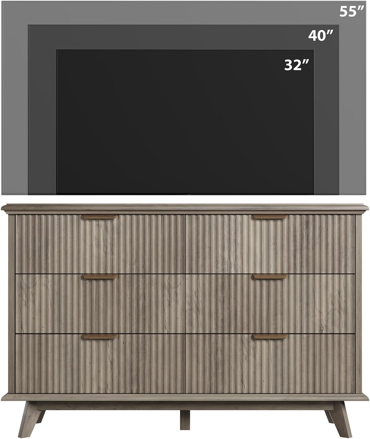 QUW Fluted Dresser for Bedroom with 6 Drawers, 47.2" Wide Modern Chest of Drawers with Metal Handle, Wooden Dresser TV Stand and Closet Clothes Storage Organizer for Living Room, Hallway, Grey