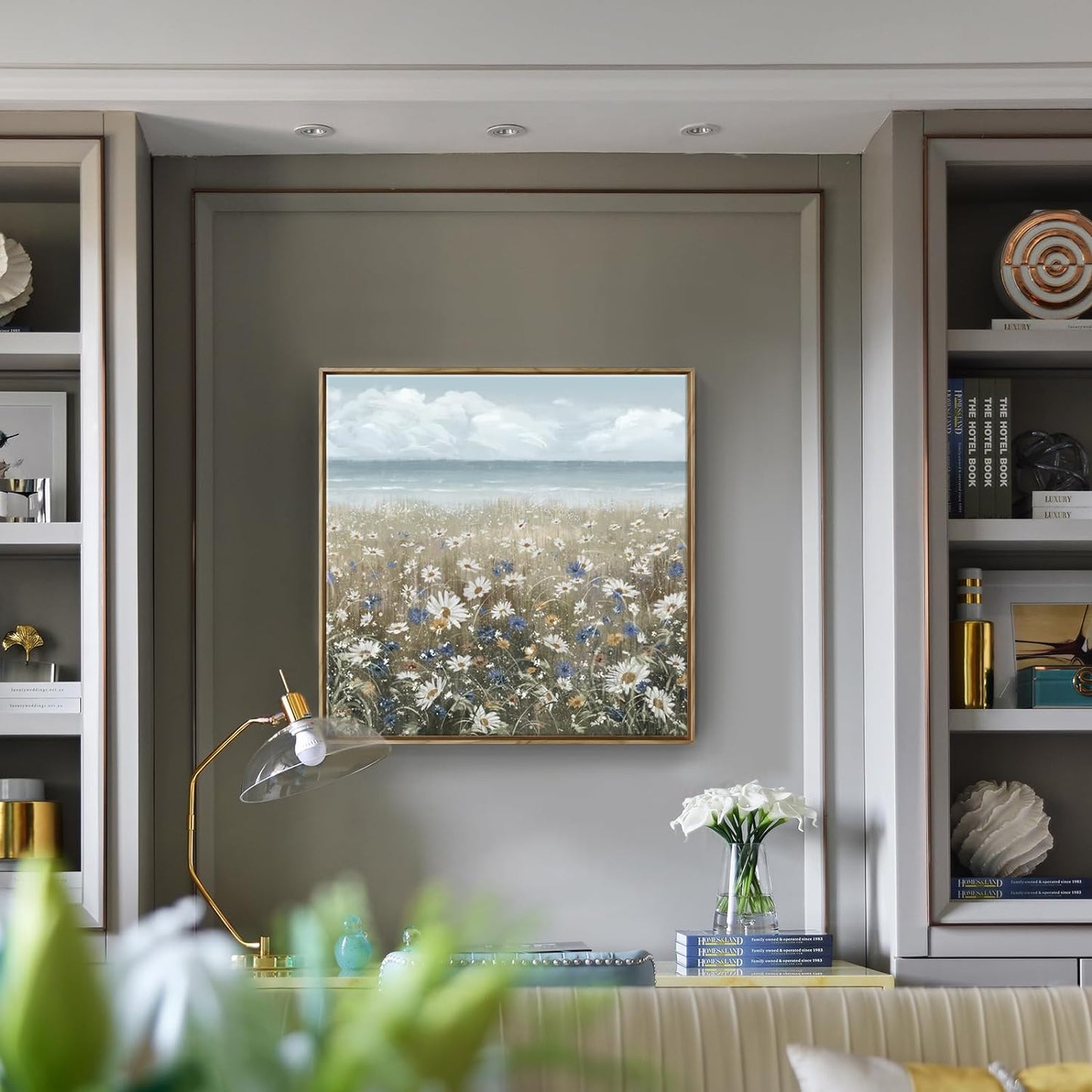 Framed Wall Art for Bedroom Decor Farmhouse Boho Beach Coastal Vintage Floral Ocean Wall Picture Daisy Flowers Sea Canvas Print Nautical Neutral Seascape Artwork for Home Living Room Bedroom Office