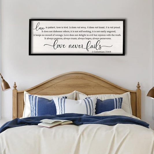 flowtorely Love is Patient, Kind Wall Art Decor 40"X15" Love Never Fails Sign 1 Corinthians 13 Bedroom Above Bed Large Bible Verse Quote Scripture Christianity Hanging Sign (Black)