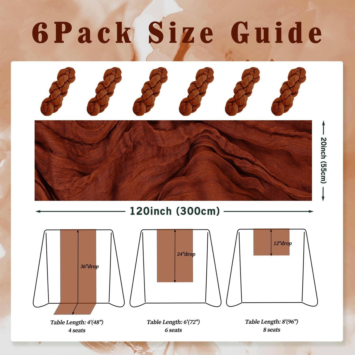 6 Pack Terracotta Cheesecloth Table Runner 10FT Boho Rustic Cheese Cloth Table Runner for Wedding 20 x 120 Inch Long Bridal Shower Baby Shower Gauze Fabric Sheer Birthday Party Table Decorations