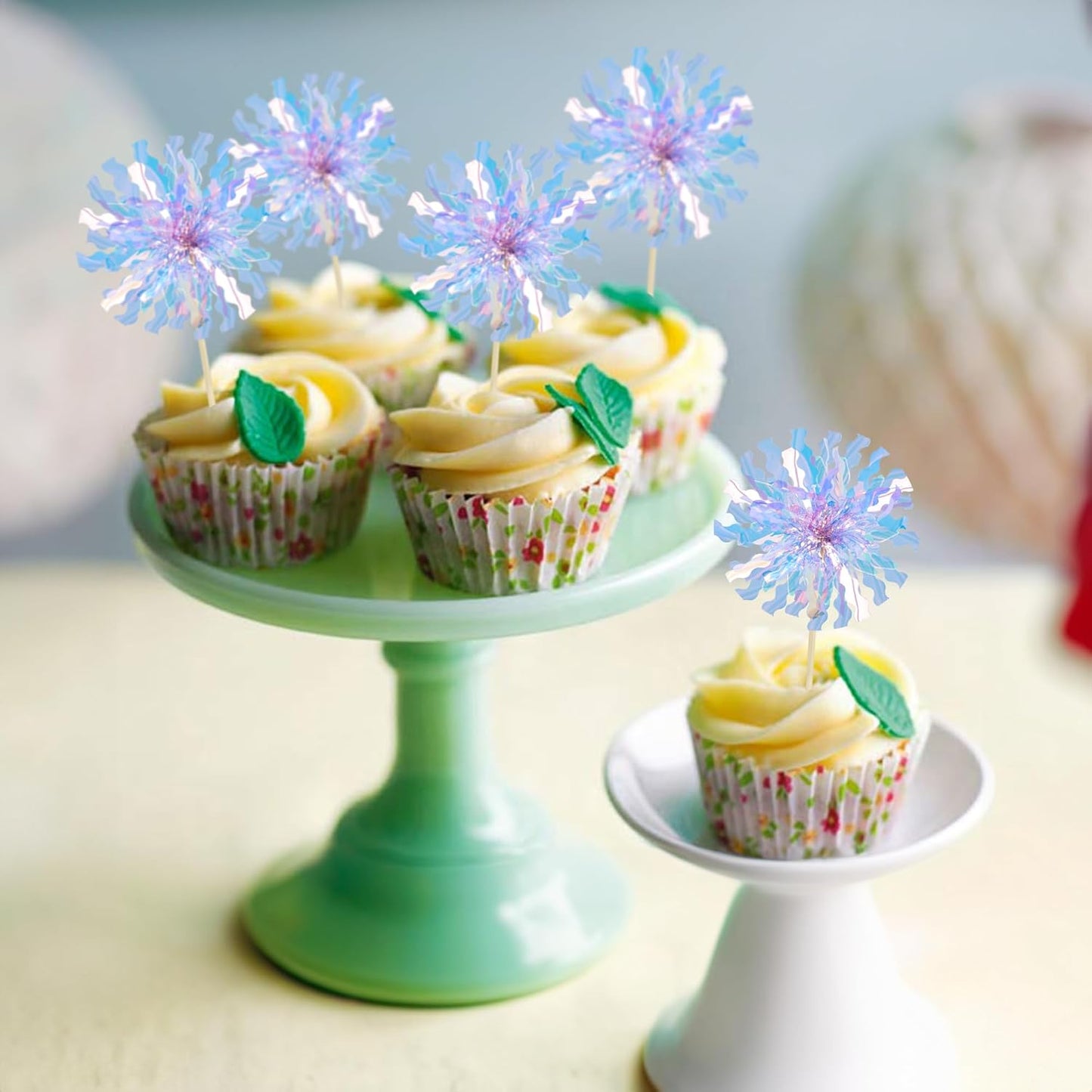 Ephlyn 30Pcs Foil Firework Cupcake Toppers Party Birthday Cake Toppers Supplies Sparkle Tinsel Cocktail Fruit Toothpick for Birthday Wedding Graduation Party Light Blue