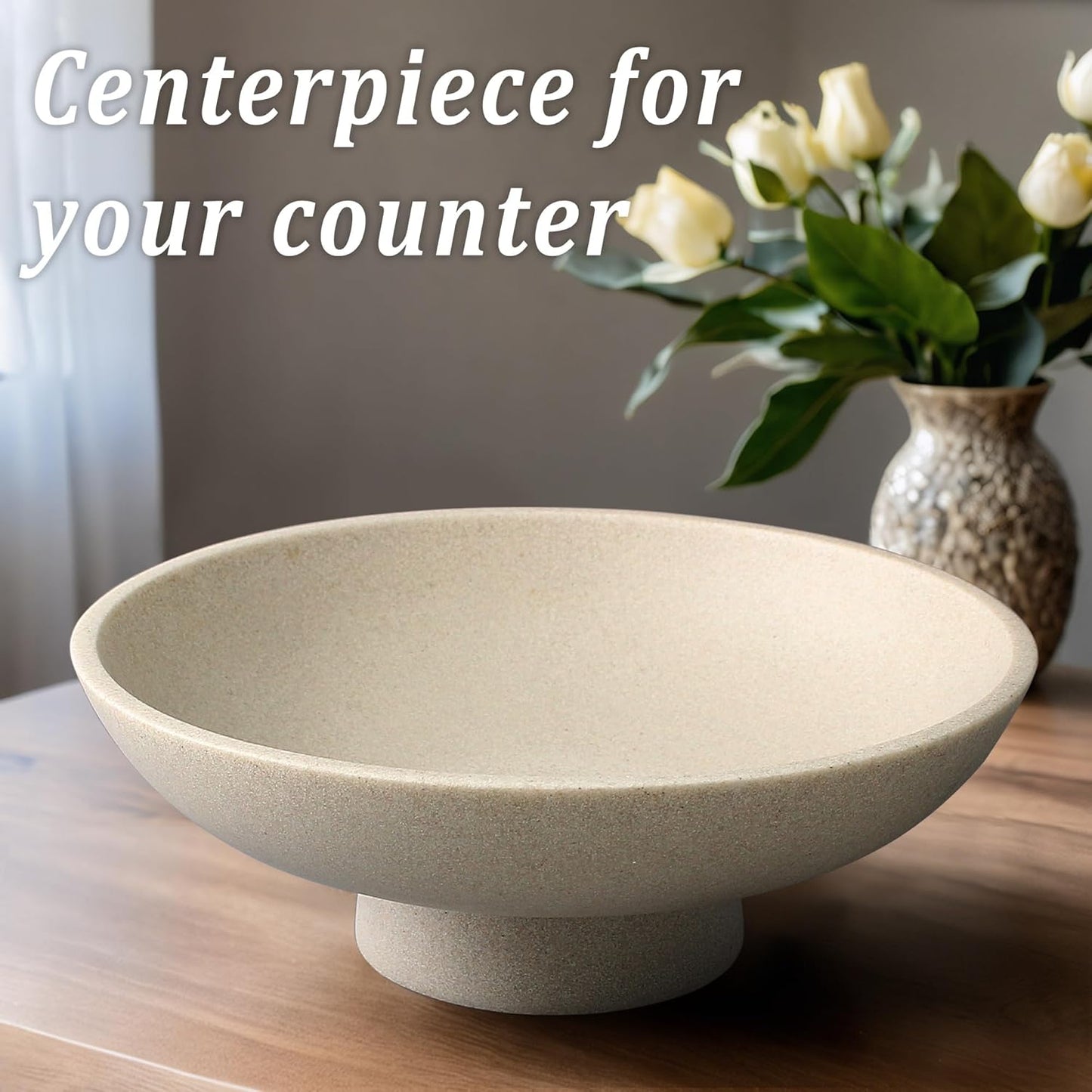 Modern Resin Pedestal Bowl – Large Fruit Bowl for Kitchen Counter, Catch All Tray for Entryway Table, Stylish Key Bowl & Dining Centerpiece, Beige