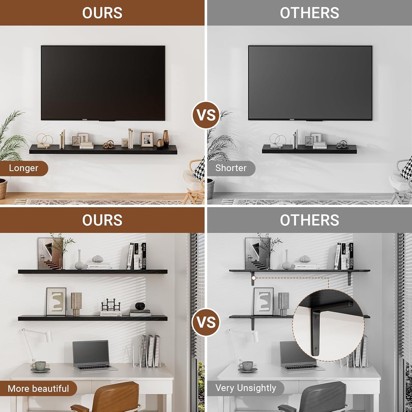 Heimlove 55 Inch Long Floating Shelves for Wall,9.3" Deep Black Floating Shelf Set of 2,Large Display Shelf & Storage Shelf,Wall Mounted Shelves for Bedroom Living Room Kitchen Office