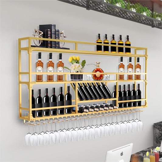 47.2in Wall Mounted Wine Rack, Wine Rack Wall Mounted With Wine Glass Rack, Metal Bar Bottle Display Shelf Wine Cups Hanging Holder, For Home Bar Cafe Dining Room Decoration (GOLD, 47.2*10*35.5inch)