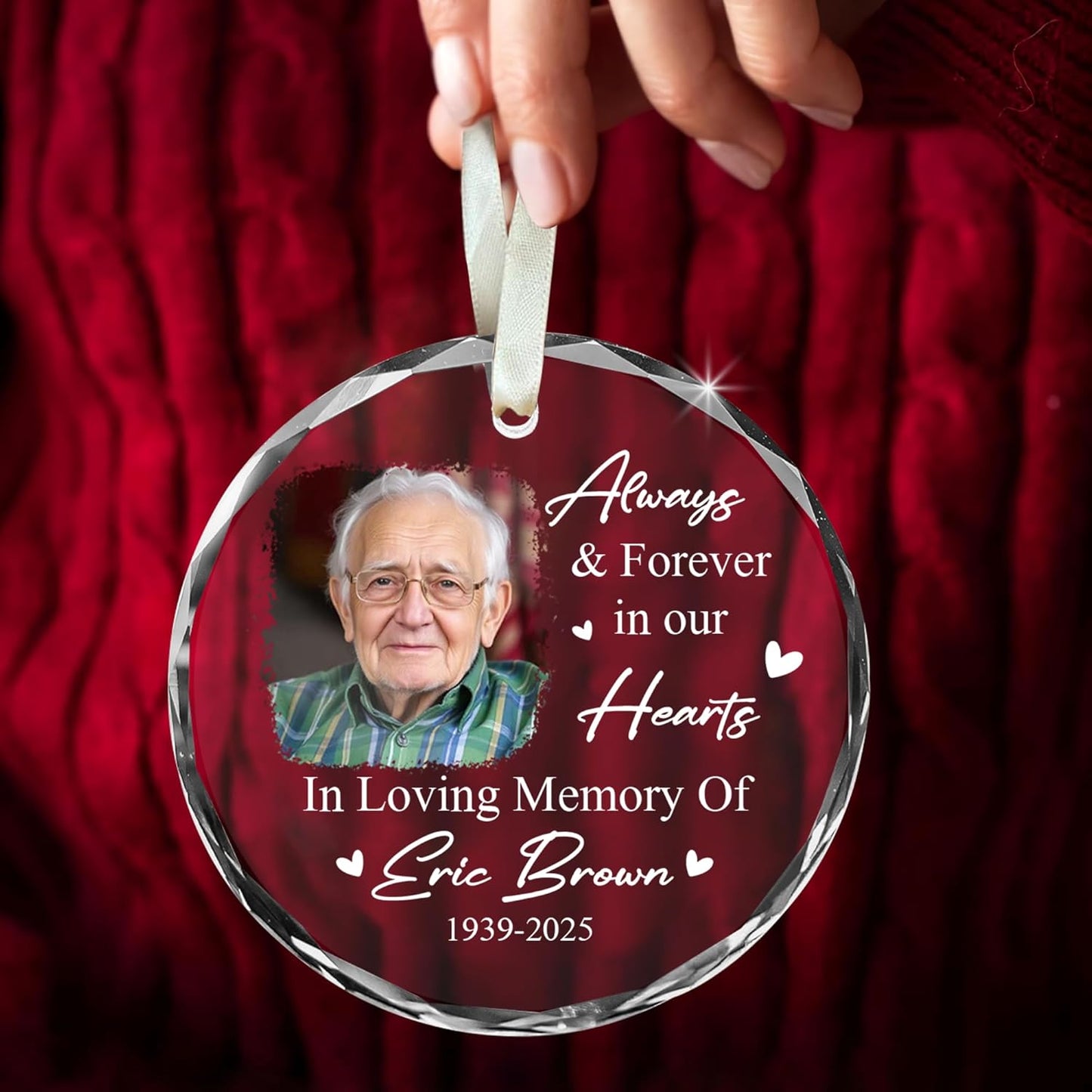Personalized Memorial Ornament with Photo – Custom Glass Suncatcher for Loss of Loved One – Always & Forever in Our Hearts Rainbow Hanging Crystal – in Loving Memory