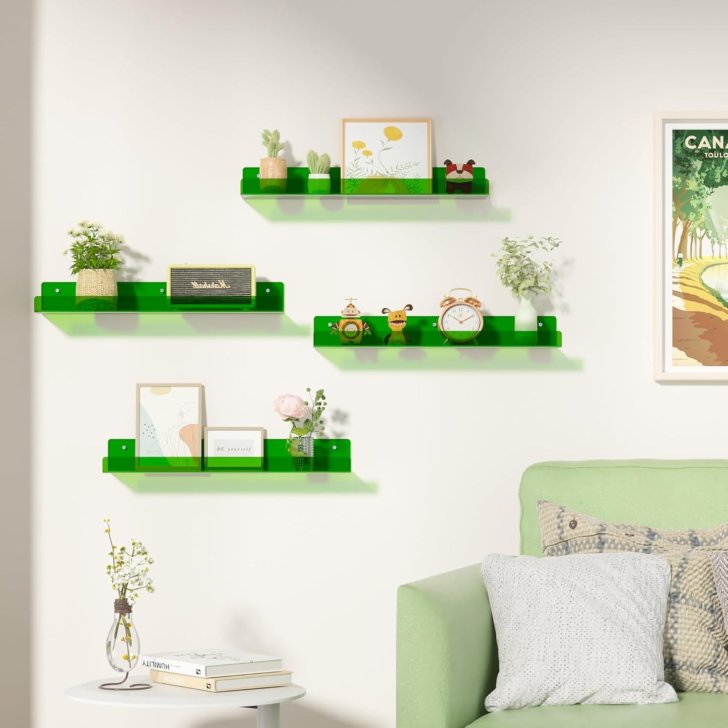 upsimples Acrylic Shelves for Wall Decor, 15" Display Shelf Perfume Organizer for Bathroom, Bedroom, Living Room, Floating Bookshelves for Kids, Clear Green, 4 Pack