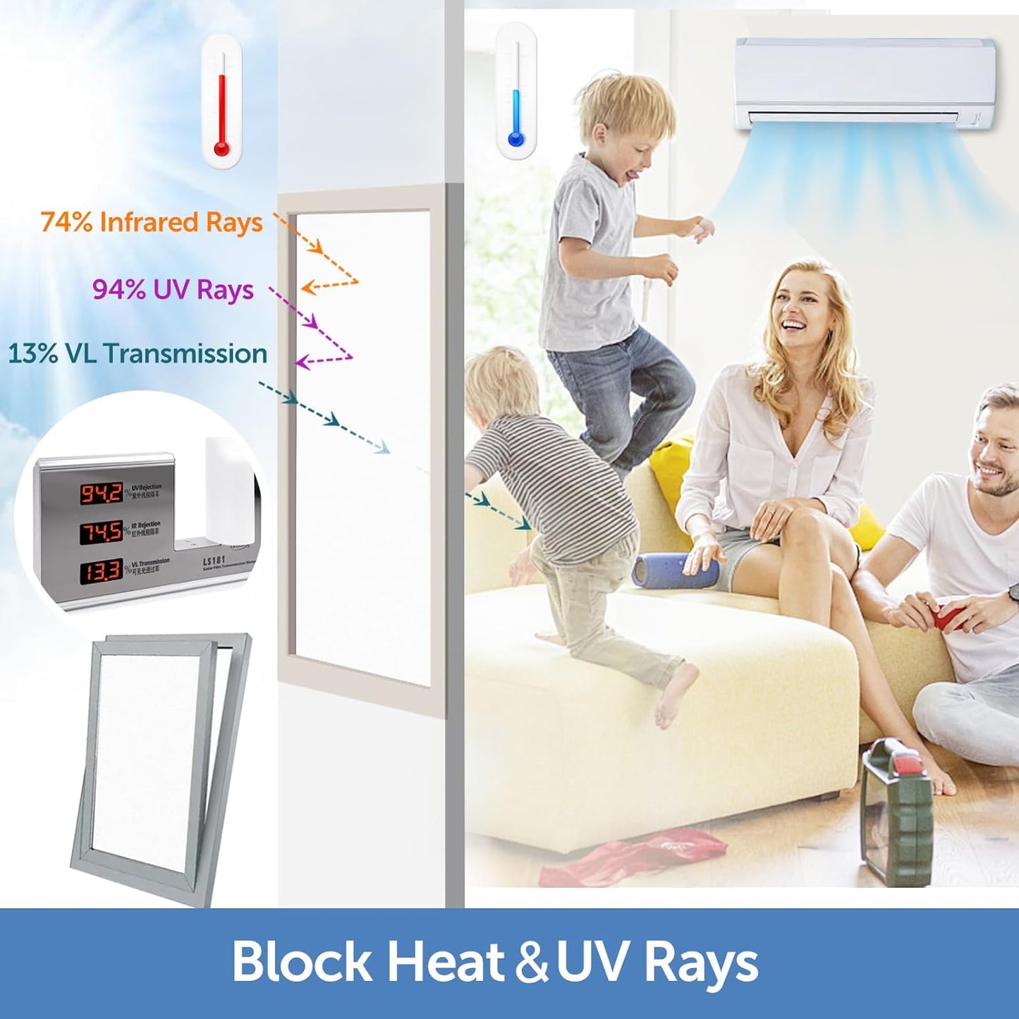 HIDBEA Frosted Window Privacy Film - Non Adhesive Static Cling Glass Stickers Sun UV Blocking Heat Control Door Covering Decals for Home Office, Frosted White, 17.3 x 98.4 Inch