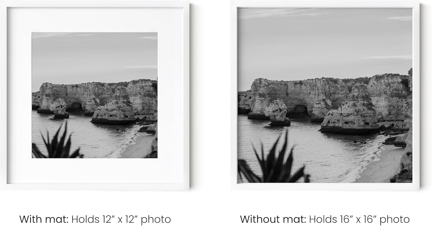 HAUS AND HUES 16x16 White Metal Picture Frames Matted to 12x12 - Features Premium Aluminum & Hanging Hardware, Shatterproof Plexiglass - Ideal for Home, Room, Office (16x16 in, White, Set of 9)