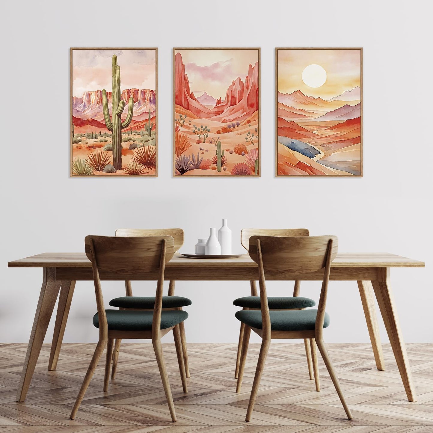 HLNIUC Boho Desert Plant Framed Canvas Wall Art Set,Southwestern Sun Mountain Wall Decor,Cactus Sunset Landscape Wall Painting,Watercolor Abstract Desert Art Prints for Living Room,Bedroom - 16”x24”x3