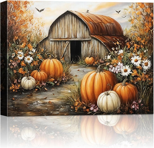Autumn Pumpkin Barn Framed Wall Art Decor, Moody Fall Decor Rustic Country Landscape Picture Print for Farmhouse Decor,Thanksgiving Decorations Country Canvas Wall Art, Ready to Hang
